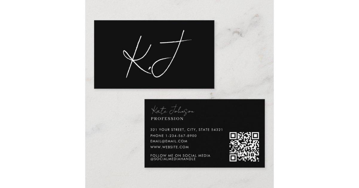 Black White Minimalist QR Code Script Monogram Business Card | Zazzle