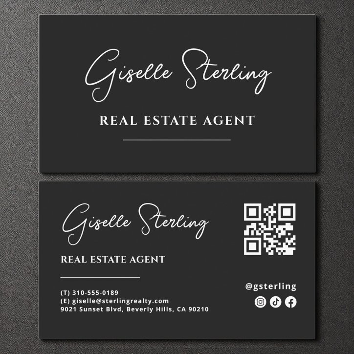 Black White Minimalist Real Estate Agent QR Code Business Card