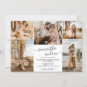 Black white minimalist script 6 photos wedding invitation