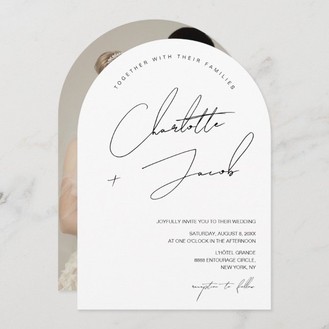 Black white Minimalist Script Arch Photo Wedding Invitation (Front/Back)