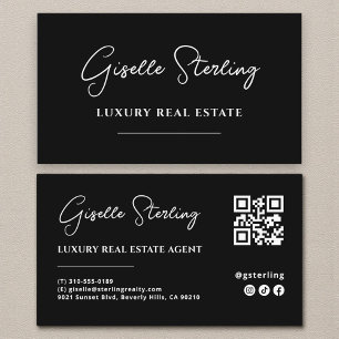 Black White Minimalist Script QR Code Business Card