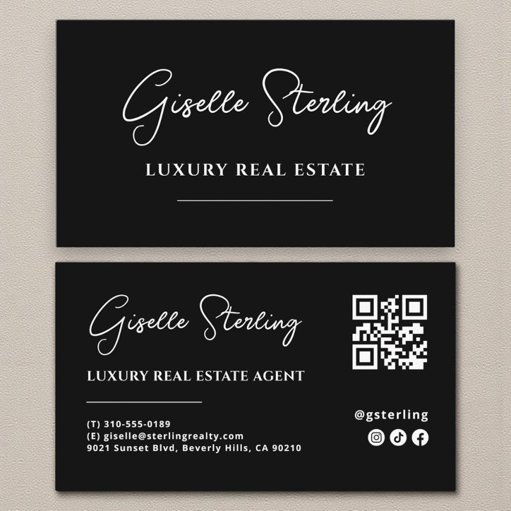 Black White Minimalist Script QR Code Business Card