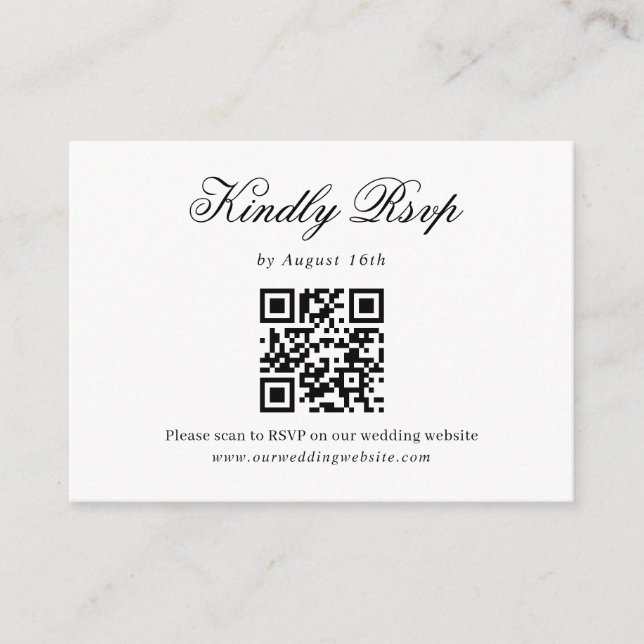 Black White Minimalist Script Wedding QR Code Rsvp Enclosure Card (Front)