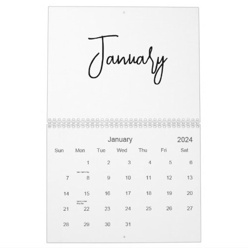 Black  White Minimalist Simple Script Any Year Calendar