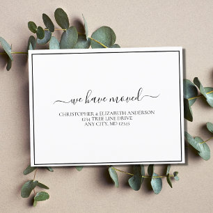 Black White Minimalist Simple Script Moving Announcement Postcard