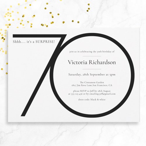 Black White Minimalist Surprise 70th Birthday  Invitation