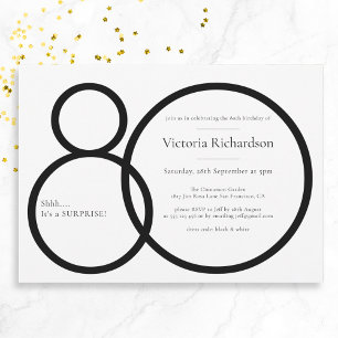 Black White Minimalist Surprise 80th Birthday Invitation