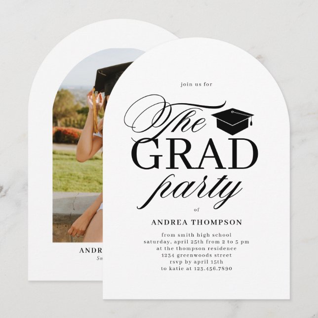 Black White Minimalist The Grad Party Photo  Invitation (Front/Back)