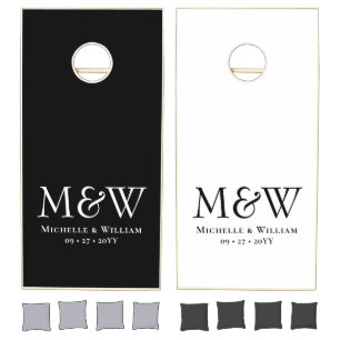 Black White Minimalist Wedding Couple Monogram Cornhole Set