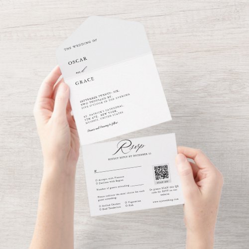 Black  White Minimalist Wedding Qr Code RSVP All In One Invitation