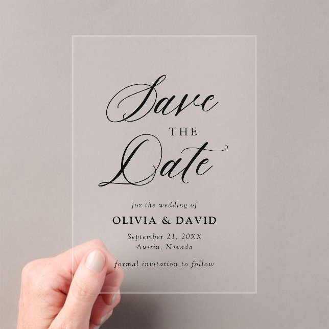 Black & White Minimalist Wedding Save The Date Acrylic Invitations (Insitu (Handheld))