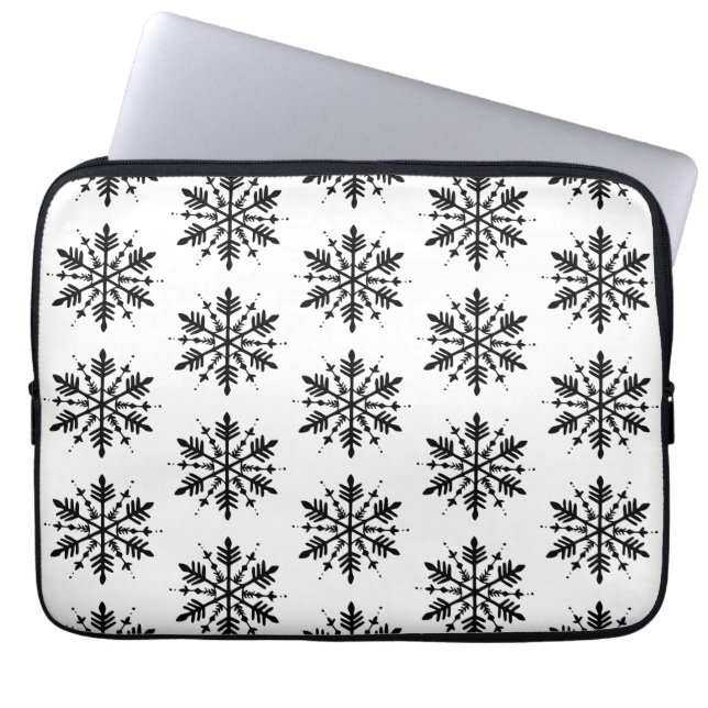 Black & White Minimalistic Graphic Snowflake Laptop Sleeve (Front)