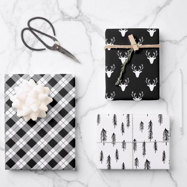Black White Mixed Rustic Patterns Deer Woods Plaid Wrapping Paper Sheets (Front)