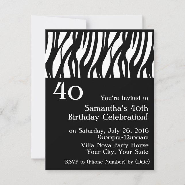 Black+White Mod Zebra 40th Party Invitations (Front)