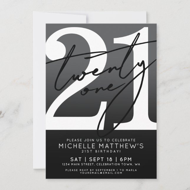 Black White Modern 21st Birthday Invitation (Front)