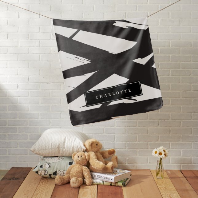 Black & White Modern Abstract Art Line Custom Name Baby Blanket (In Situ)