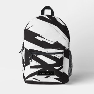 Black & White Modern Abstract Art Line Custom Name Printed Backpack