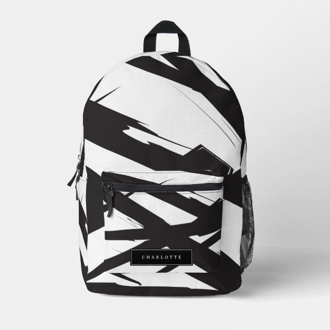 Black & White Modern Abstract Art Line Custom Name Printed Backpack (Front)