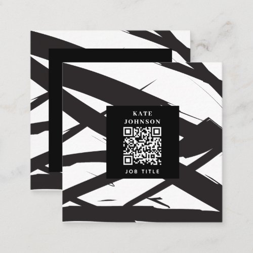 Black  White Modern Abstract Art Line QR Code Square Business Card