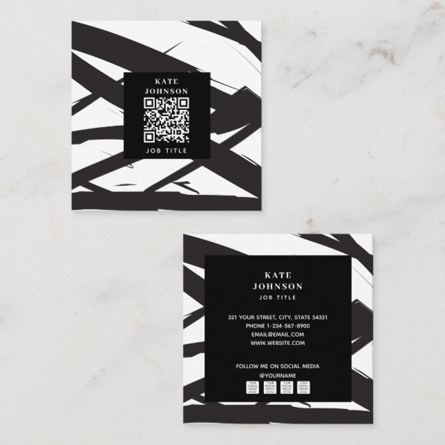 Black & White Modern Abstract Art Line QR Code Square Business Card (Front/Back)