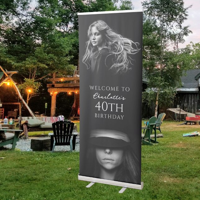 Black White Modern Birthday Party 2 Photo Welcome Retractable Banner (Black White Modern Birthday Party 2 Photo Welcome Retractable Banner)