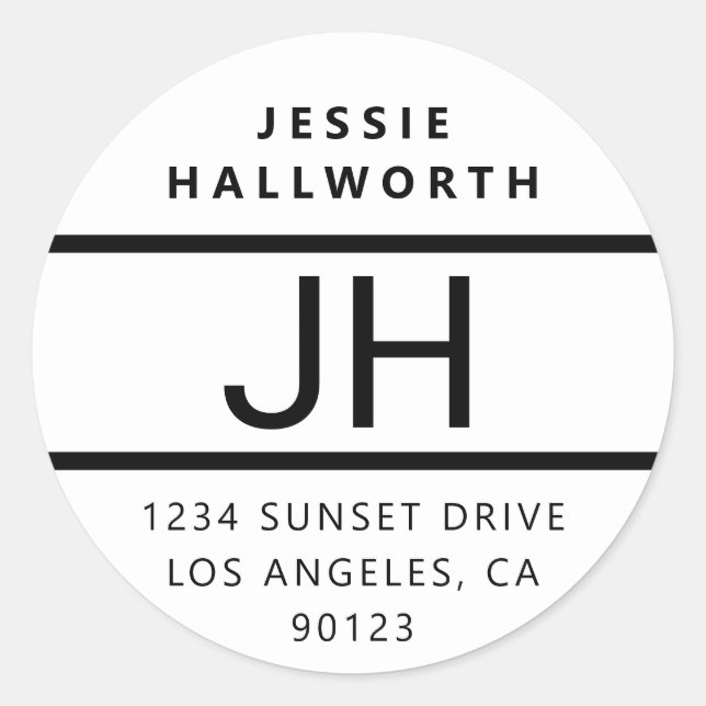 Black & White Modern Bold Monogram Classic Round Sticker (Front)