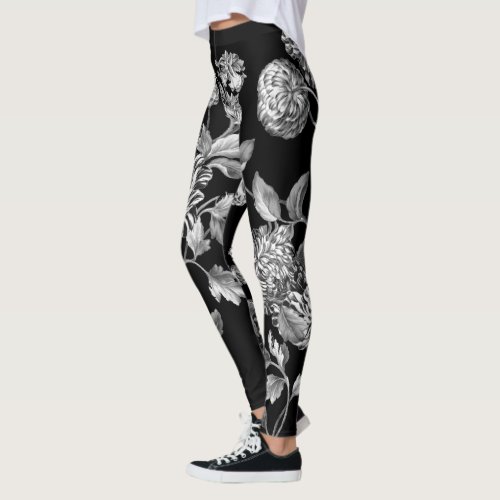 Black  White Modern Botanical Floral Toile Black Leggings