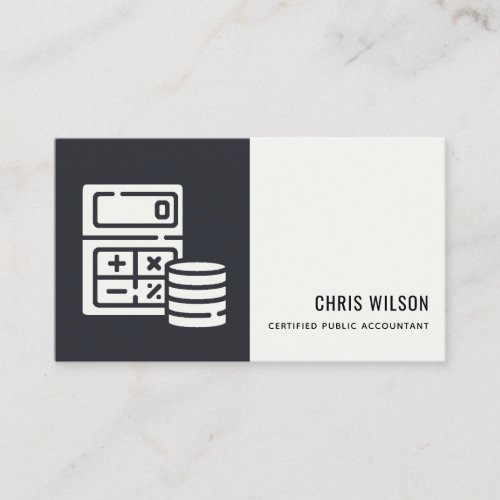 BLACK WHITE MODERN CALCULATOR COIN ACCOUNTING ICON BUSINESS CARD