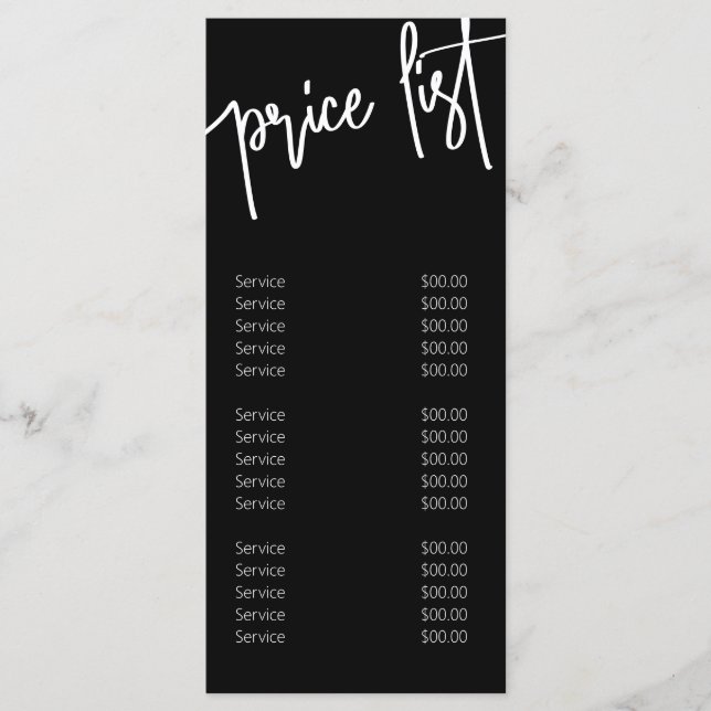 Black White Modern Calligraphy Price List Salon Menu (Front)