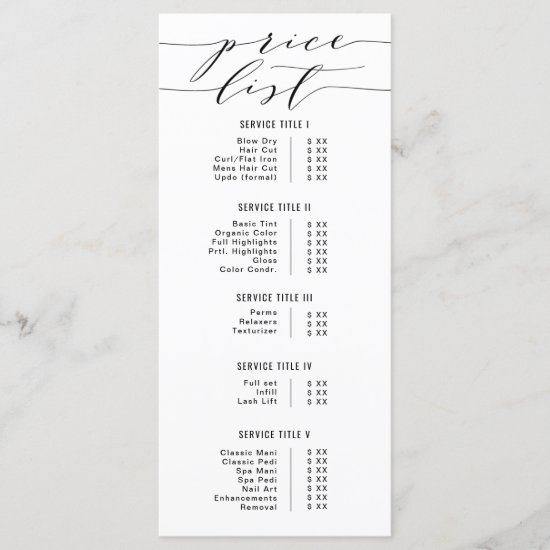 Black & White Modern Calligraphy Price List Salon Menu
