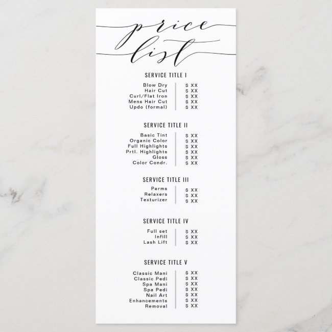 Black & White Modern Calligraphy Price List Salon Menu