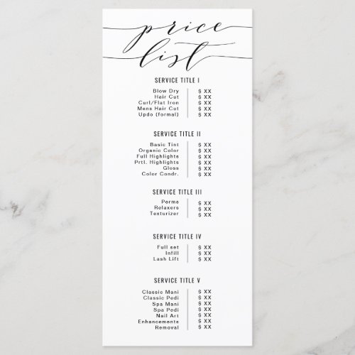 Black  White Modern Calligraphy Price List Salon Menu