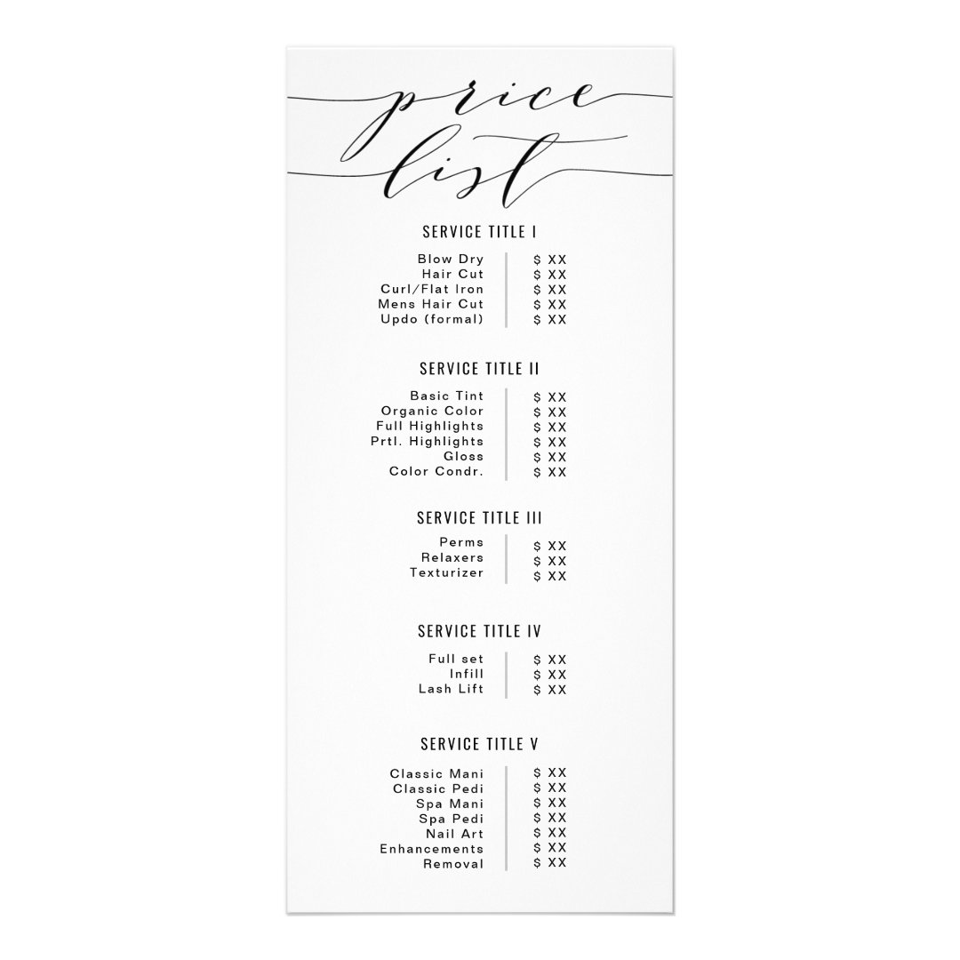 Black & White Modern Calligraphy Price List Salon Rack Card Zazzle