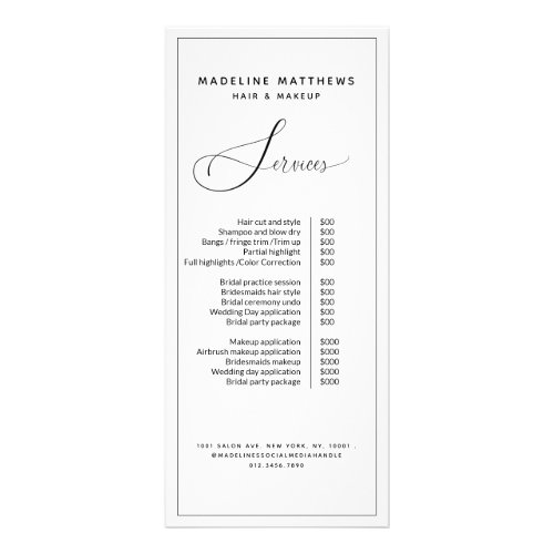 Black White Modern Calligraphy Salon Price List Rack Card