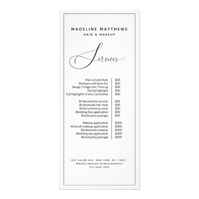 Black White Modern Calligraphy Salon Price List Rack Card (Front)