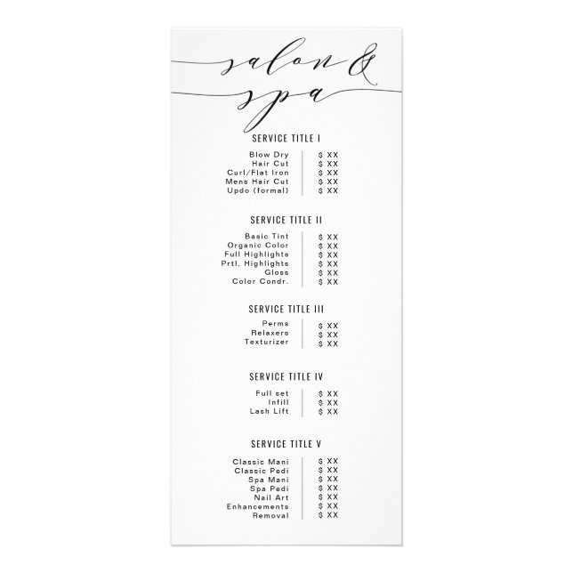Black & White Modern Calligraphy Salon Spa Price Rack Card (Front)