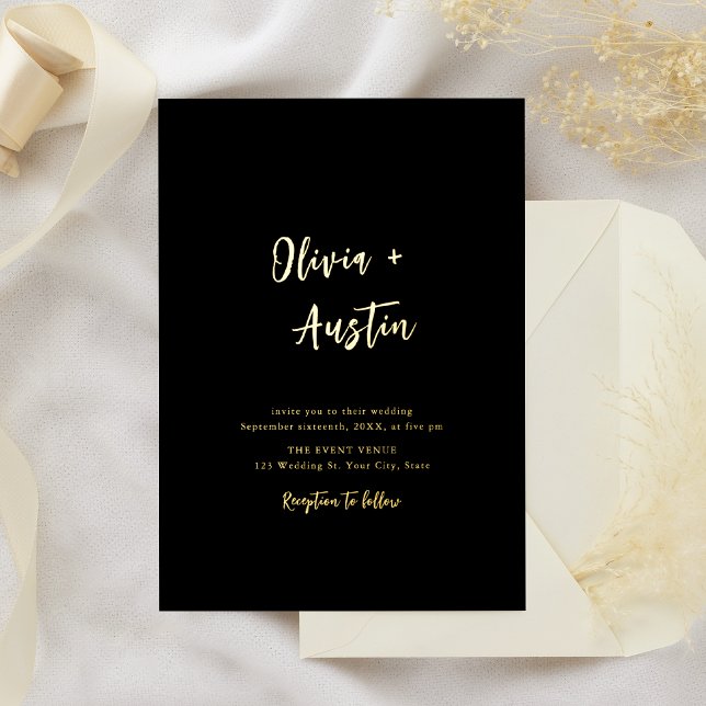 Black White Modern Chic Script Minimalist Wedding Foil Invitation (Black White Modern Chic Script Minimalist Wedding Foil Invitation)