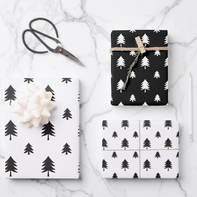 Black & White Modern Christmas Tree Pattern Wrapping Paper Sheets (Front)