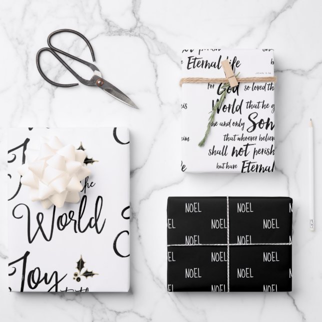 Black & White Modern Christmas Wrapping Paper Sheets (Front)