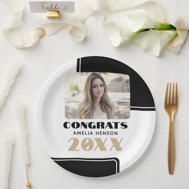 Black White Modern Congrats Graduate Photo Paper Plates (Wedding)