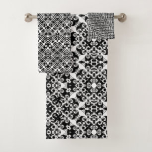 Black White Modern Damask Pattern Bath Towel Set
