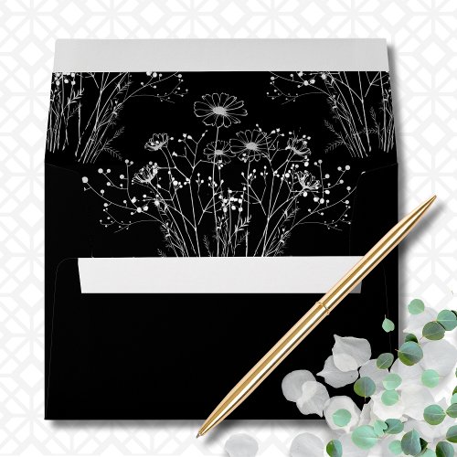 Black White Modern Delicate Simple Floral Wedding  Envelope