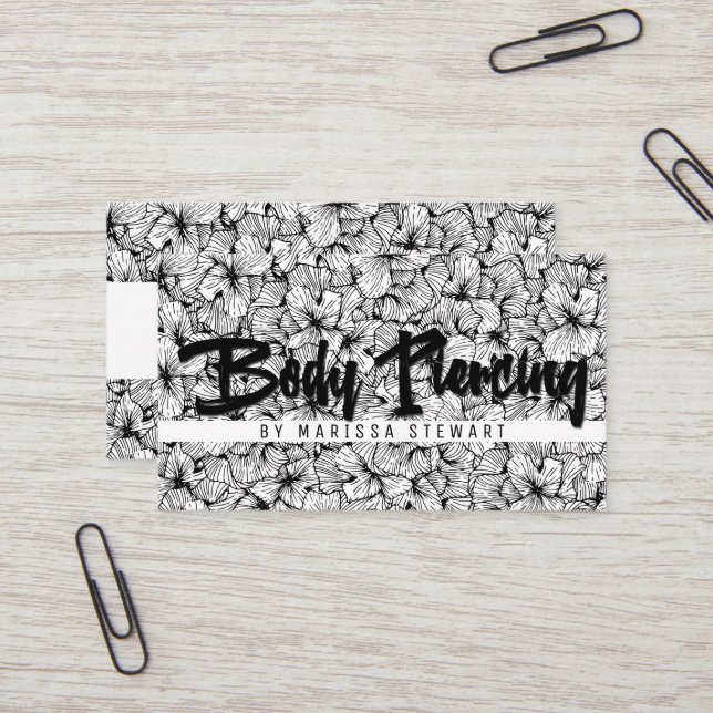 Black White Modern Drawn Flowers Body Piercing Business Card (Front/Back In Situ)
