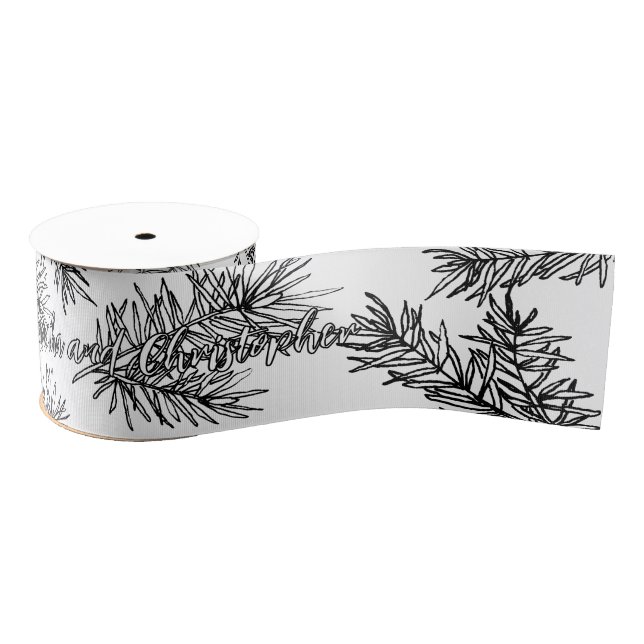 Black White Modern Elegant Botanical Christmas Grosgrain Ribbon (Spool)