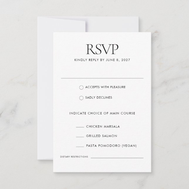 Black White Modern Elegant Meal Choice Wedding RSVP Card (Front)