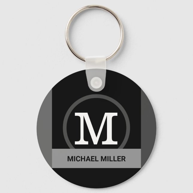 black & white modern elegant monogram keychain (Front)