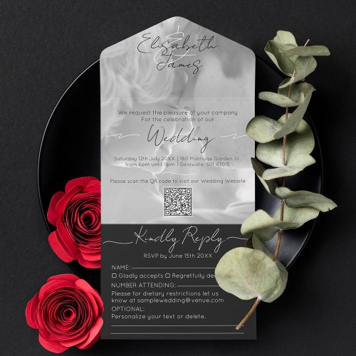  Black  White Modern Elegant Script Photo Wedding All In One Invitation