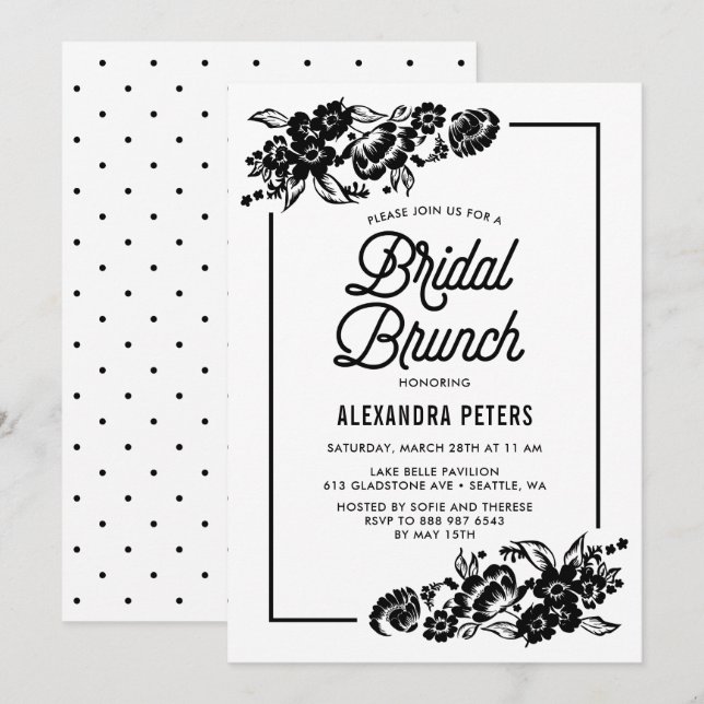 Black & White Modern Floral Accents Bridal Brunch Invitation (Front/Back)