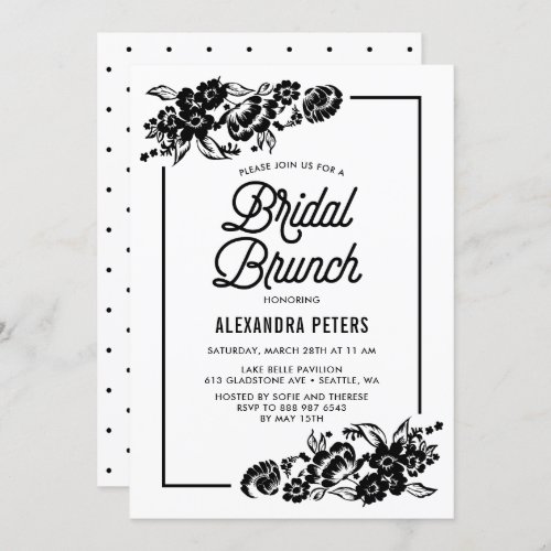 Black  White Modern Floral Accents Bridal Brunch Invitation