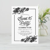 Black & White Modern Floral Accents Sweet Sixteen Invitation (Standing Front)